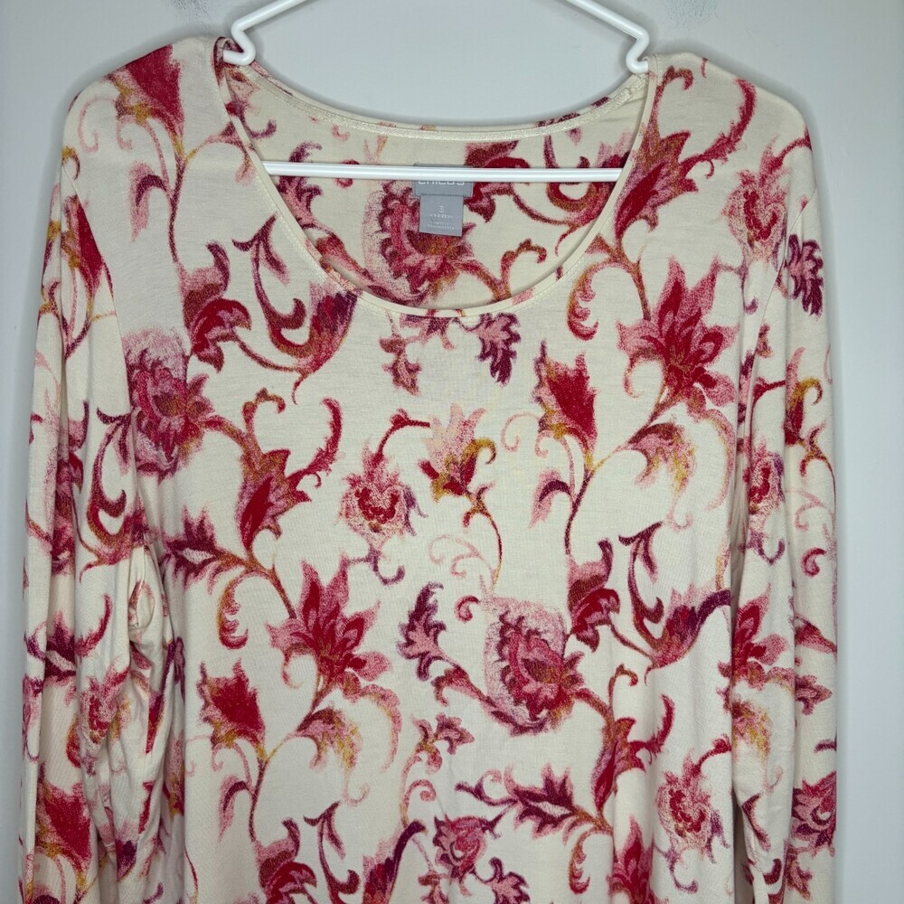 CHICO'S Long Sleeve Velvety Floral Top Womens XL Red Cream Stretch Long Sleeve